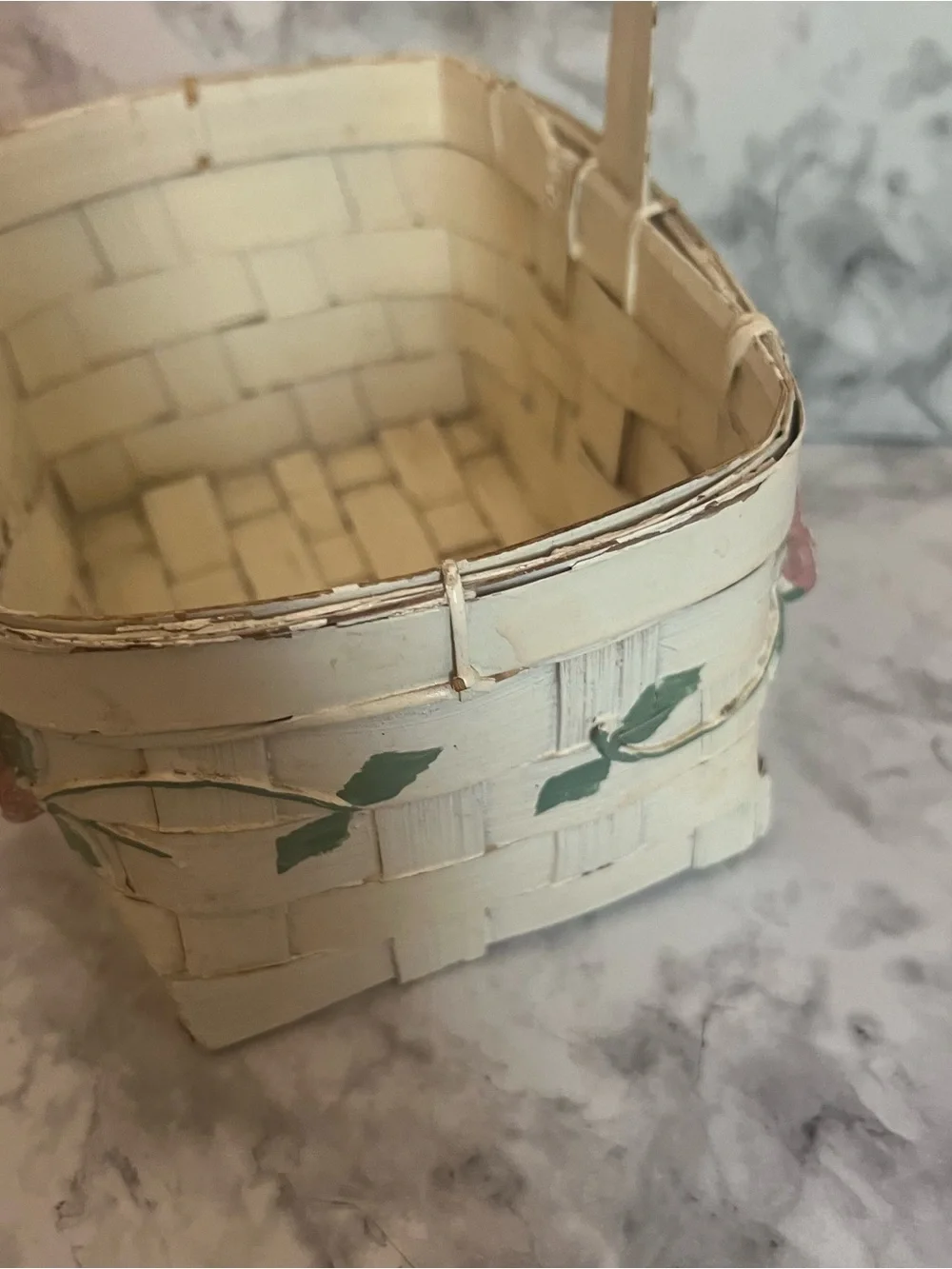 Vintage Cream Woven Basket with Pink Rose Accents